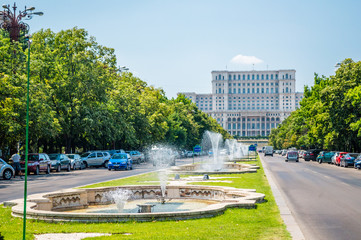 Union Boulevard (Bulevardul Unirii) and Palace of the Parliament view in Bucharest, Romania
