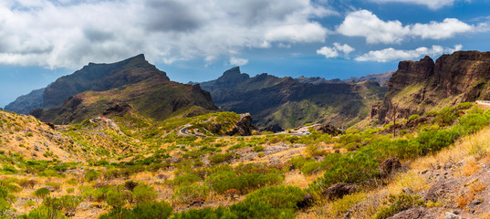 Masca valley.Canary island.Tenerife.Scenic mountain landscape.Teide volcano and sunset valley panorama in Tenerife.Scenery valley in Spain.Nature and travel adventures and breaks the world