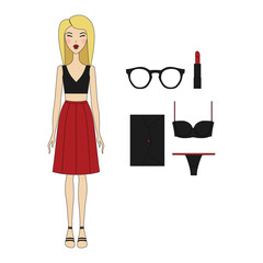  Girl in dress. casual wear. skirt. shoes. a bag. blouse. cosmet