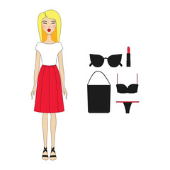 Girl in dress. casual wear. skirt. shoes. a bag. blouse. cosmeti