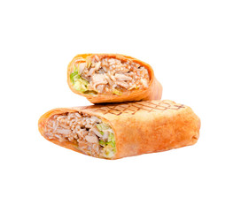 Top view orange chicken Tikka Masala Kebab curry in a pita bread isolated on  white background. Sandwiches twisted roll, street food concept. Homemade wrap.