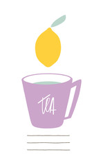 Hand drawn cup of tea and lemon. Kitchen vector illustration 