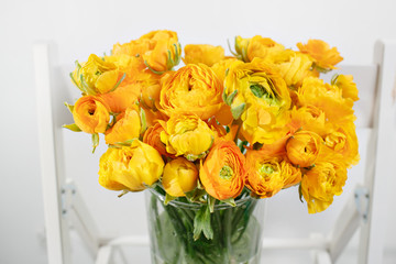beautiful bouquet buttercup in a glass vase on  white background. colorful color mix flower