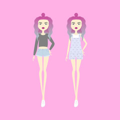  girl in shorts and a sweater. overalls. top. casual wear. young