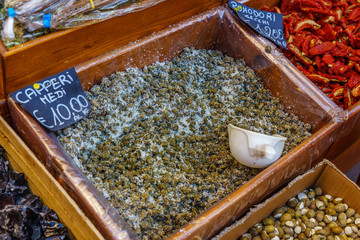 Capers on farmer's market in small town in Sicily