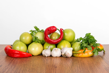 Colorful fruits and vegetables background. Vitamin vegetarian set.