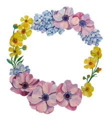 Flowers wreath with buttercups, hydrangea and anemones.