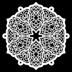 Lace round paper doily, lacy snowflake, greeting element,  template for cutting  plotter, round pattern, laser cut  template, doily to decorate the cake,  vector illustrations.