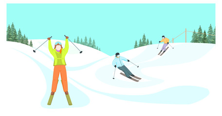 Cartoon skiers vector illustration. Skiers descend from the mountains. Winter sport. Winter landscape. Skiers on a background of mountains.
