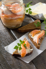 Salt fillet of salmon with butter on rye bread, breakfast concep