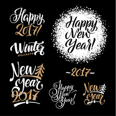 Happy New Year Calligraphy Set. Greeting Card Design Set on White Background