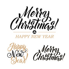 Merry Christmas AND Happy New Year Calligraphy Set. Greeting Card Design Set on White Background