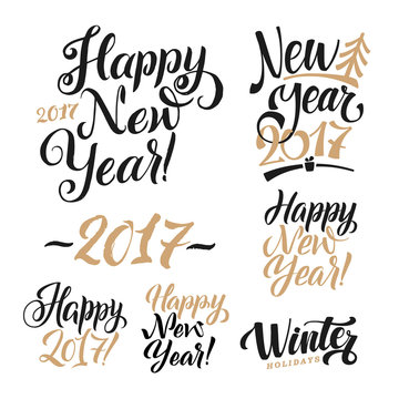 Happy New Year Calligraphy Set. Greeting Card Design Set on White Background