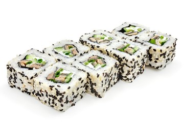 Japanese seafood sushi , roll on a white, isolated