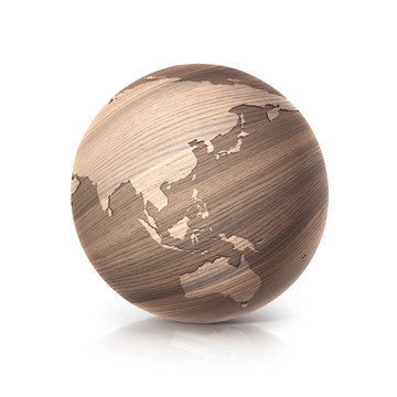 oak wood globe 3D illustration asia and australia map on white background