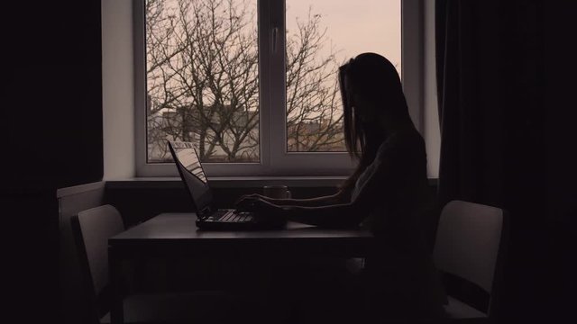 A silhouette of young brunette woman works with laptop before window
