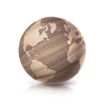 oak wood globe 3D illustration north and south america map on white background