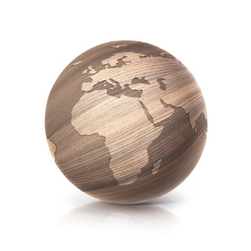 oak wood globe 3D illustration europe and africa map on white background