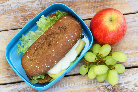 Healthy lunch box containing brown bread roll with cheese, hard boiled egg and lettuce, grapes and red apple

