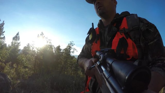 Deer hunter walks through the green woods with rifle