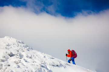 Naklejka na ściany i meble Climber with backpack walks on a snowy slope.