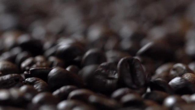 Rotating and falling Coffee beans. Slow Motion
