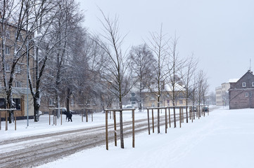 Snowfall in the city streets