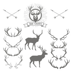 Fototapeta premium Set of deers silhouette, deer head and antlers. Deer logo desig