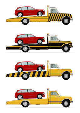 Set of four tow truck carrying the car. Side view. Flat vector.