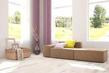 White modern room. Scandinavian interior design. 3D illustration
