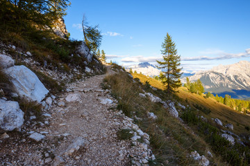 Autumn scene in Dolomites mountain. Tofana, Cinque Torri -Dolomi