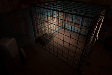 Empty iron cage in basement with blood splattered wall