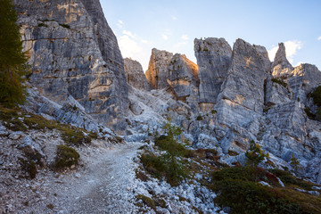 Autumn scene in Dolomites mountain. Tofana, Cinque Torri -Dolomi