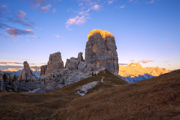 Fototapeta na wymiar Cinque Torri rock formation under evening sun, Dolomite Alps