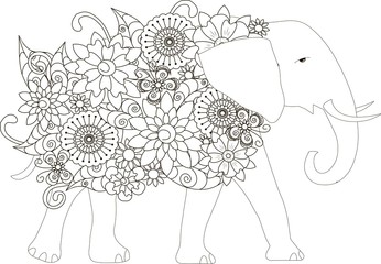 Obraz premium Flowers elephant, coloring page anti-stress vector illustration
