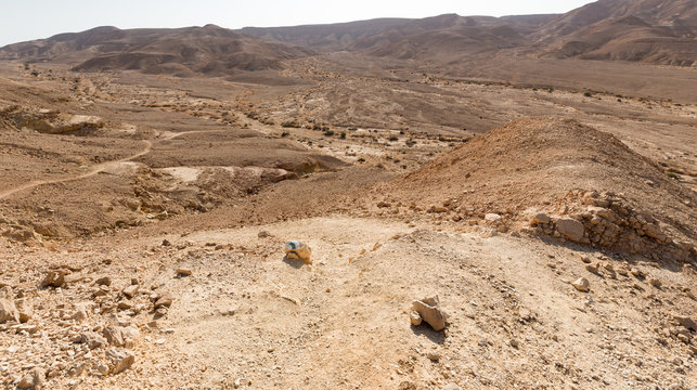 Desert mountains trail marking valley landscape view, Israel nature.