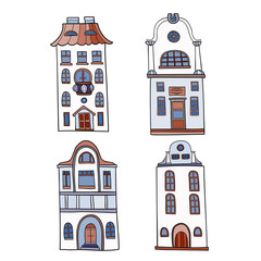 Set of hand-drawn and colored, decorative houses. Vector graphics .