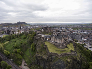 Edinburgh city historic Castle on Rock cloudy Day Aerial shot