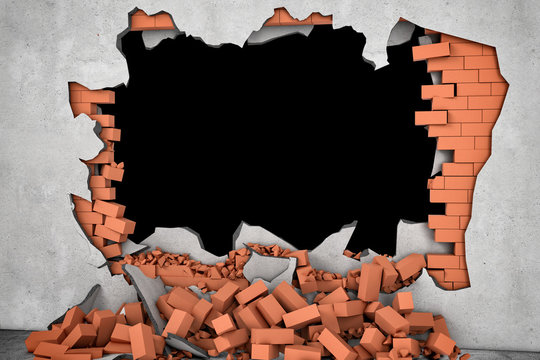 Rendering broken wall with black hole and pile of rusty red bricks beneath.