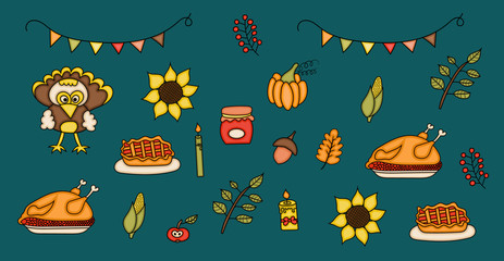 Thanksgiving Day image set. Fall harvest cartoon hand draw doodle colorful vector illustration.