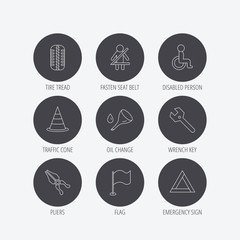 Tire tread, traffic cone and wrench key icons. Emergency triangle, flag and pliers linear signs. Disabled person icons. Linear icons in circle buttons. Flat web symbols. Vector