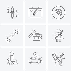 Accumulator, spanner tool and car service icons. Repair toolbox, wheel and spark plug linear signs. Disabled person, battery terminal icons. Linear icons on white background. Vector