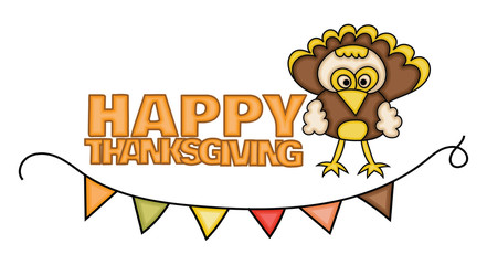 Happy Thanksgiving Day banner sign with a turkey. Cartoon hand draw doodle colorful vector illustration.