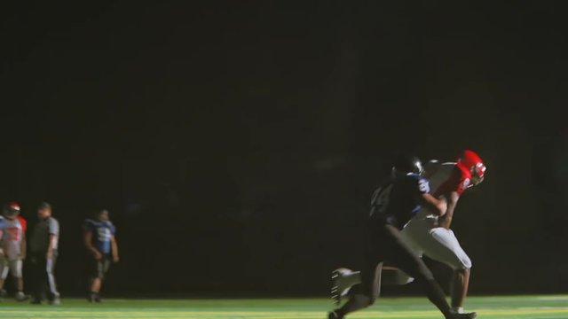 A football player catching a pass down the middle of the field for a touchdown