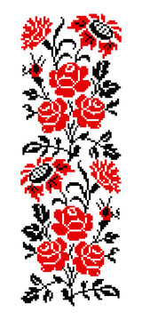 Bouquet of flowers (roses, cloves and sunflowers) using traditional Ukrainian embroidery elements. Red and black tones. Border pattern. Can be used as pixel-art.
