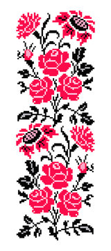 Bouquet of flowers (roses, cloves and sunflowers) using traditional Ukrainian embroidery elements. Pink tones. Border pattern. Can be used as pixel-art.