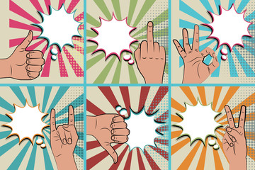 Hand sign comic retro pop art style white round bubble. Gestures okay. Cartoon comic vector colored speech bubble. Halftone hand drawn finger, ok sign. Like positive hand signs Blue pop art background