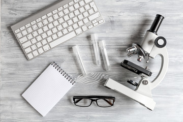lab assistant desk with microscope top view