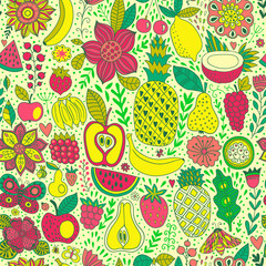 Fruit doodles seamless vector pattern. Hand drawn summer backdrop