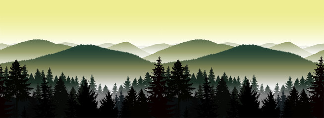 Seamless landscape. Panorama of mountains.  A fog. Green and yellow tones. © yik2007